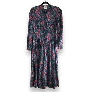 Laura Ashley Size USA 12 Floral Basque Waist Button Tea Dress Made In‎ Ireland